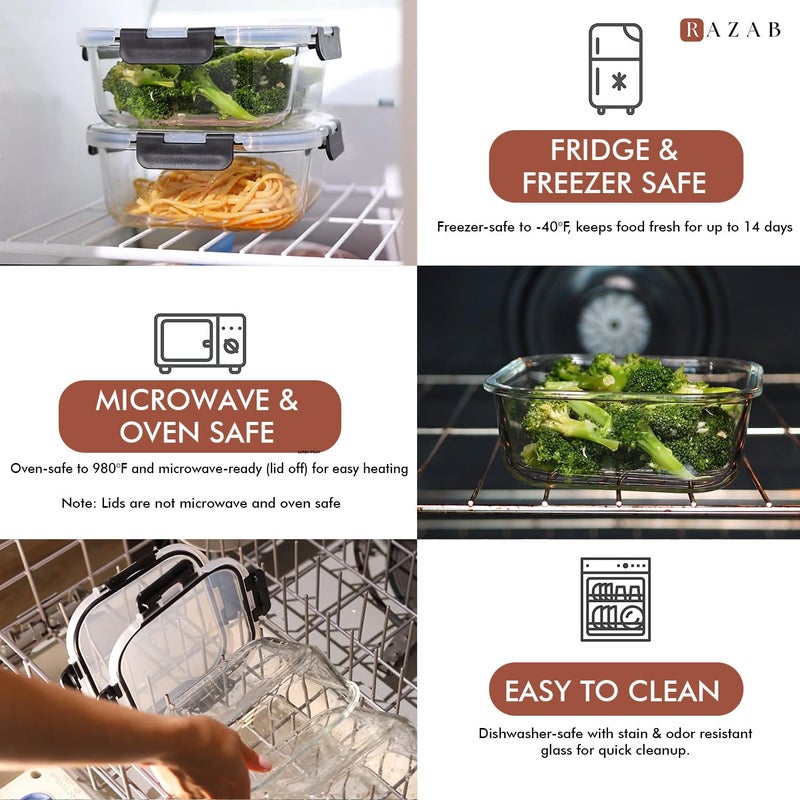 Razab 2 PC 1200ML / 41 Oz Glass Food Storage Containers with Lids - Airtight & Leakproof - Microwave/Oven/Freezer Safe - BPA Free - Ideal for Meal Prep, Storing Leftover & Lunch - Image 4